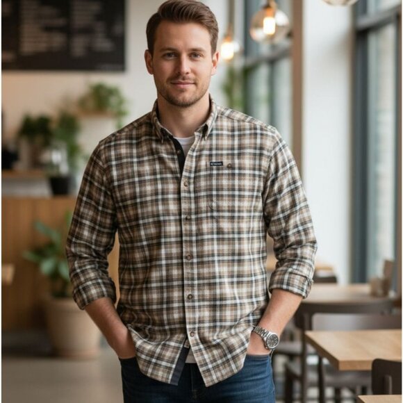 Columbia Neutral Tan Beige Flannel Button Down Shirt (XL) Mens - Picture 2 of 6